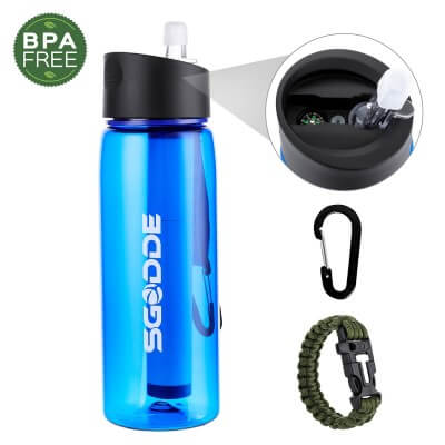 SGODDE Sports Water Bottle with Filter BPA Free Water Purification Bottle with 2-Stage Filter Straw