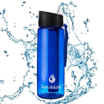 SurviMate Filtered Water Bottle BPA Free with 4-Stage Intergrated Filter Straw for Camping